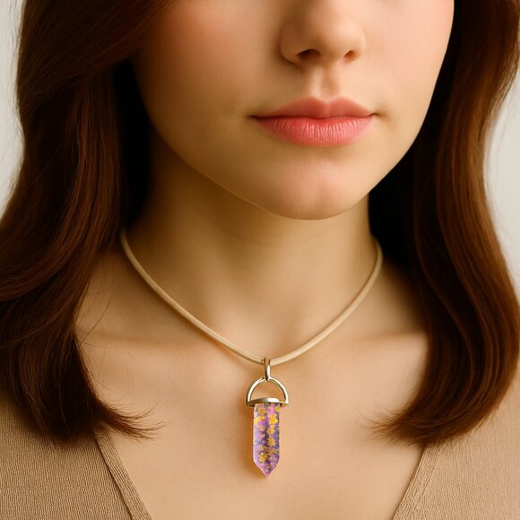Rainbow Crystal Point Pendant Necklace – Clear Resin Colorful Confetti on Cord - Picture 1 of 10